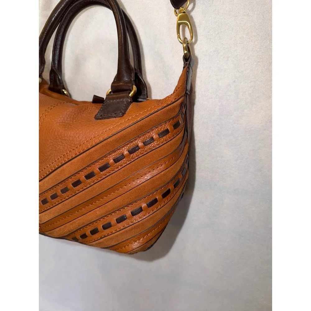 Isabella‎ Fiore Leather Chevron Satchel Crossbody Bag Tan Brown